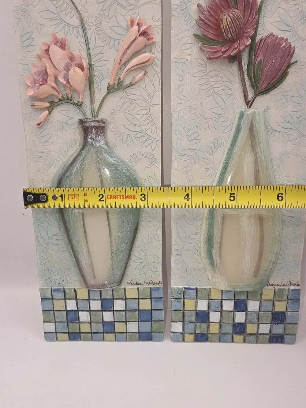 2 Andrea Laliberte 3D Floral Resin Wall Plaques Flowers in Vases 9.5x3.5